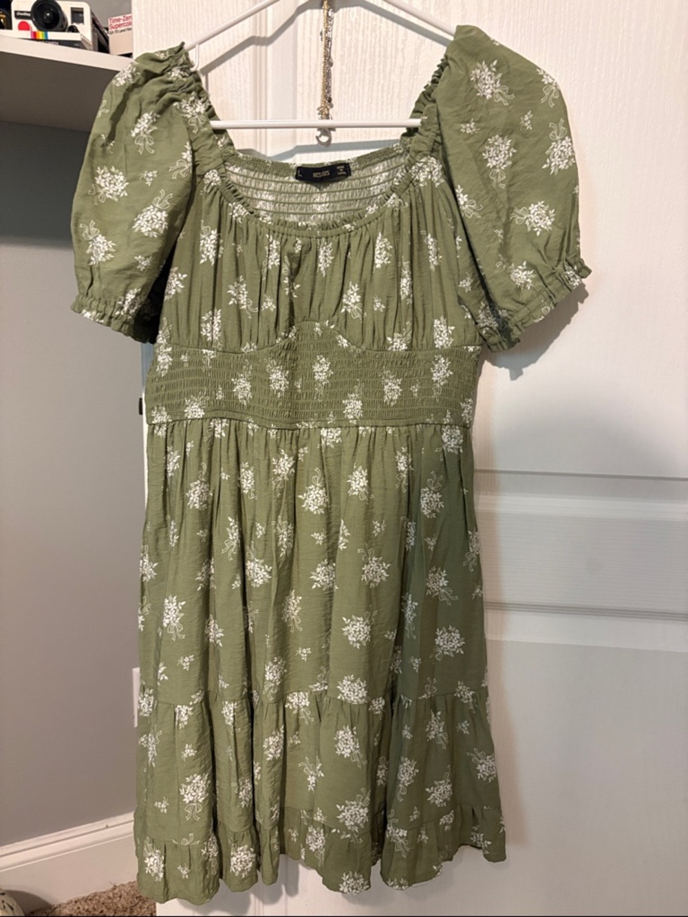 Smocked Olive Floral Midi Dress with Puff Sleeves